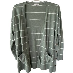 Madewell Green Cream Striped Marleton Side Button Cardigan Sweater